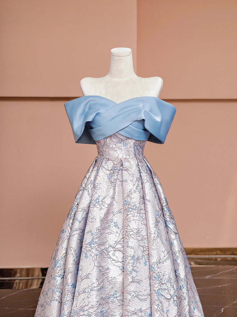 Blue Satin and Floral Pattern Floor Length Prom Dress, Off the Shoulder Evening Party Dress TP141