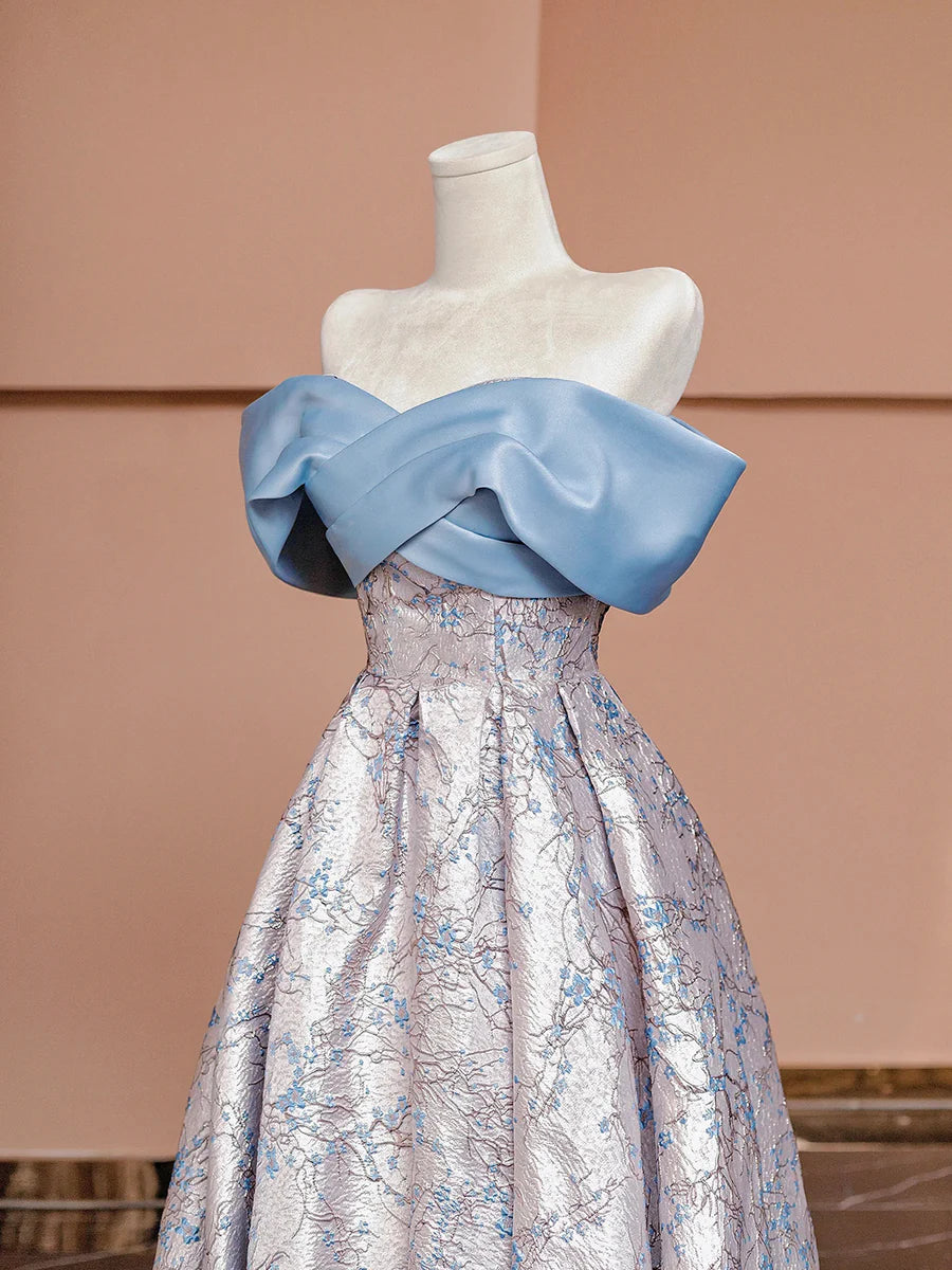 Blue Satin and Floral Pattern Floor Length Prom Dress, Off the Shoulder Evening Party Dress TP141