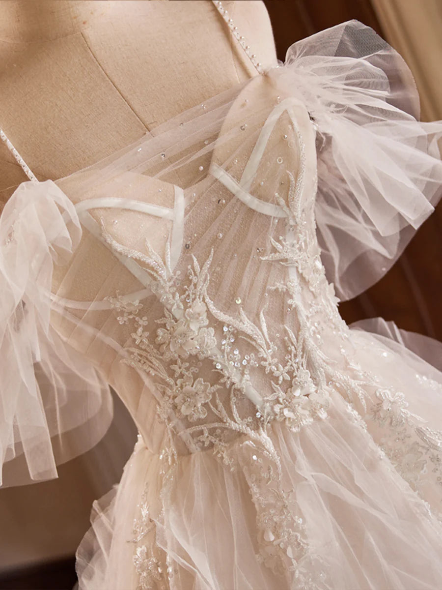 A-Line Tulle Layers Long Prom Dress, Ivory Spaghetti Strap Sweet 16 Dress Evening Dress TP146