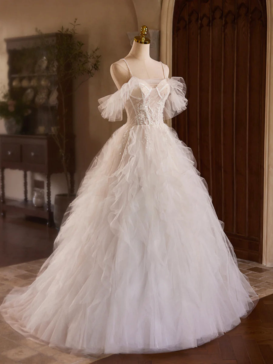 A-Line Tulle Layers Long Prom Dress, Ivory Spaghetti Strap Sweet 16 Dress Evening Dress TP146
