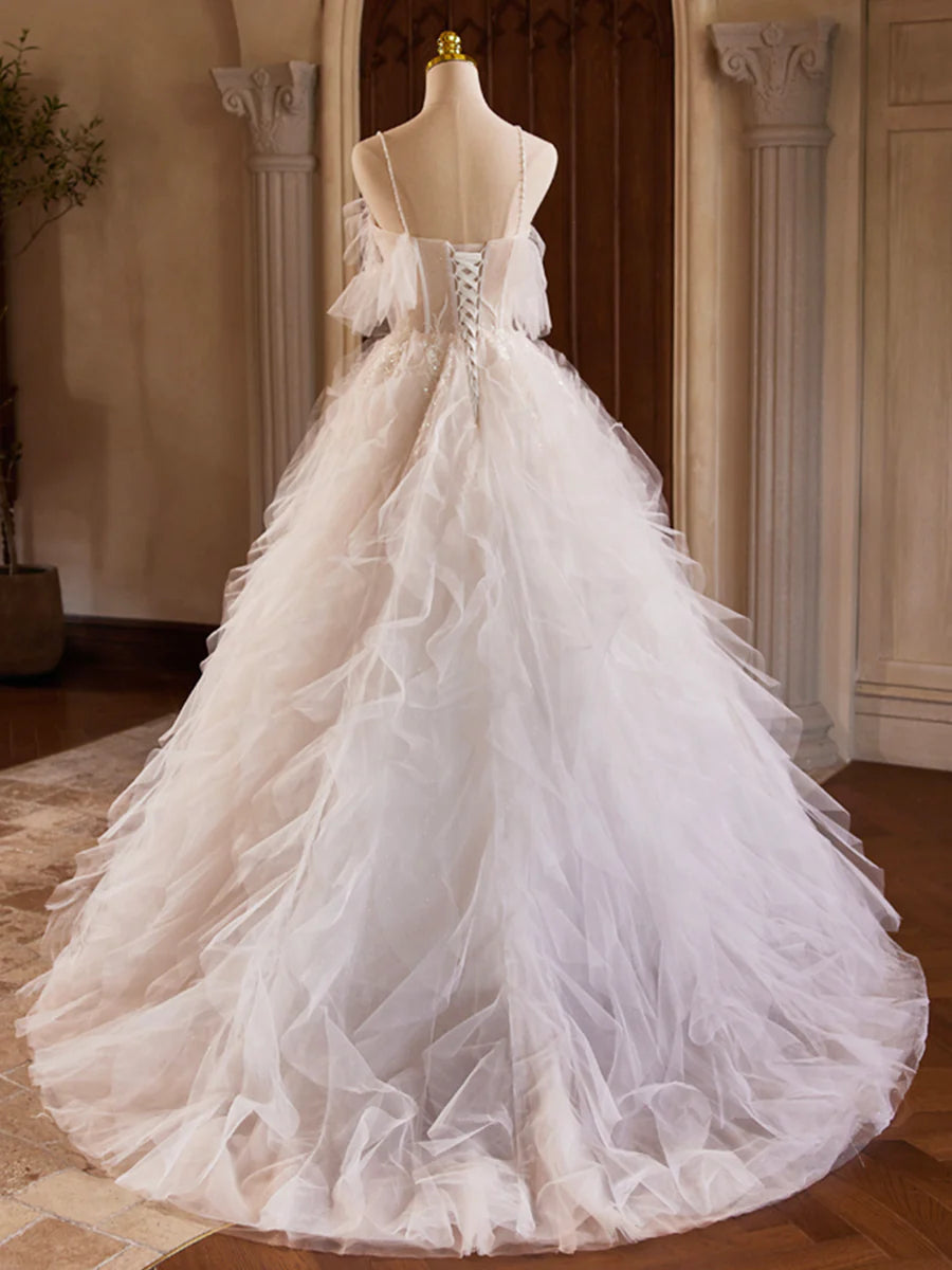 A-Line Tulle Layers Long Prom Dress, Ivory Spaghetti Strap Sweet 16 Dress Evening Dress TP146
