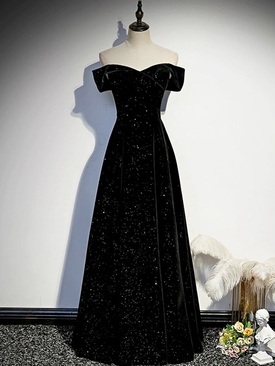 Black Velvet Long Prom Dress, Black Off the Shoulder Evening Party Dress TP157