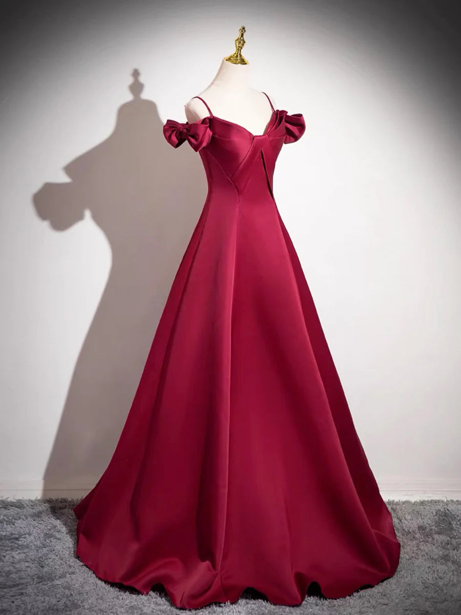 Burgundy Spaghetti Strap Satin Long Prom Dress, A-Line Evening Party Dress TP160