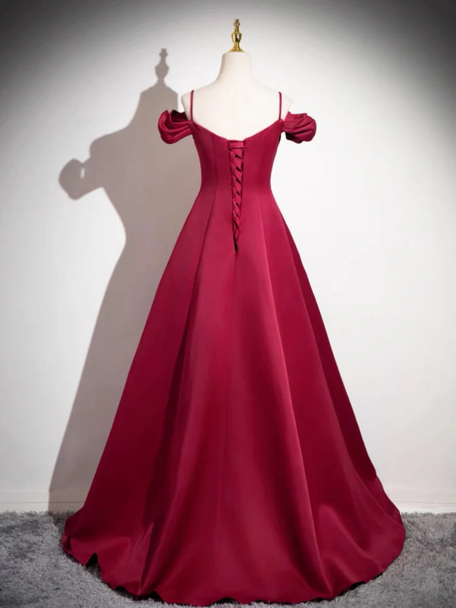 Burgundy Spaghetti Strap Satin Long Prom Dress, A-Line Evening Party Dress TP160