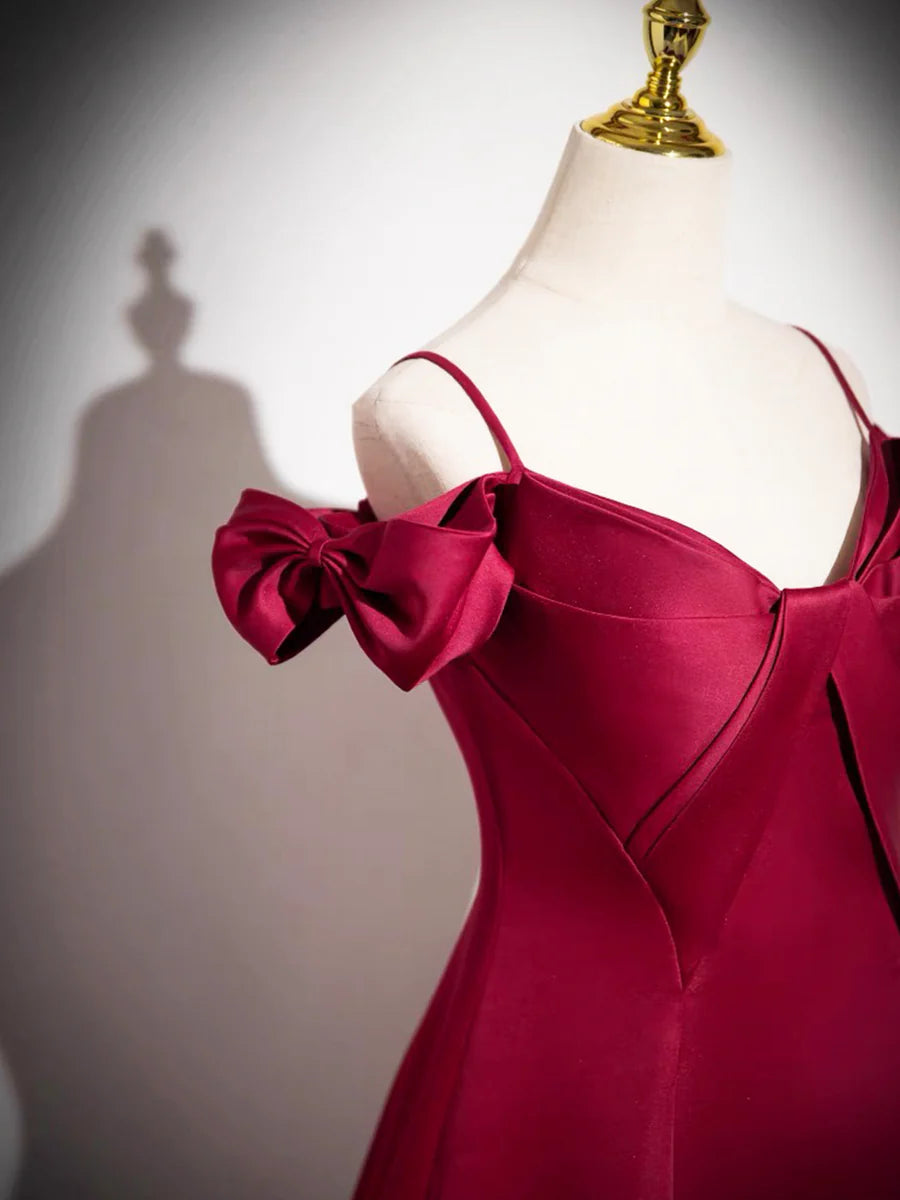 Burgundy Spaghetti Strap Satin Long Prom Dress, A-Line Evening Party Dress TP160