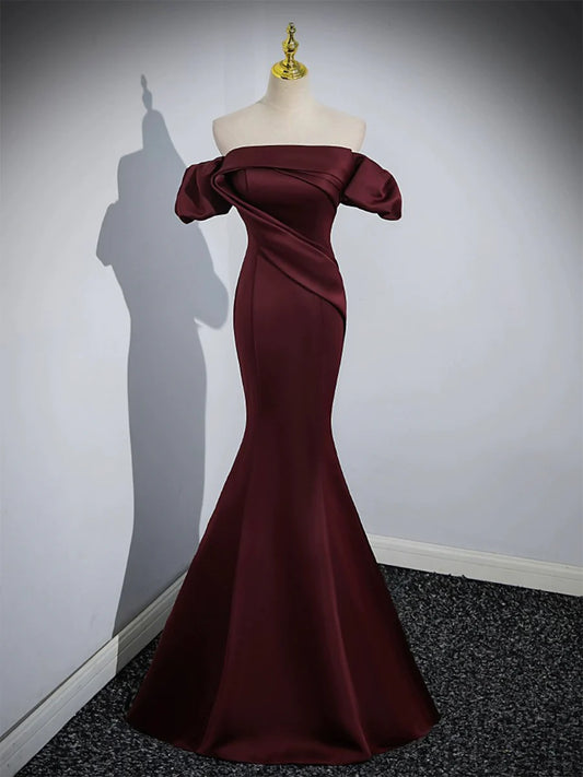 Burgundy Satin Long Prom Dress, Mermaid Off the Shoulder Evening Party Dress TP162