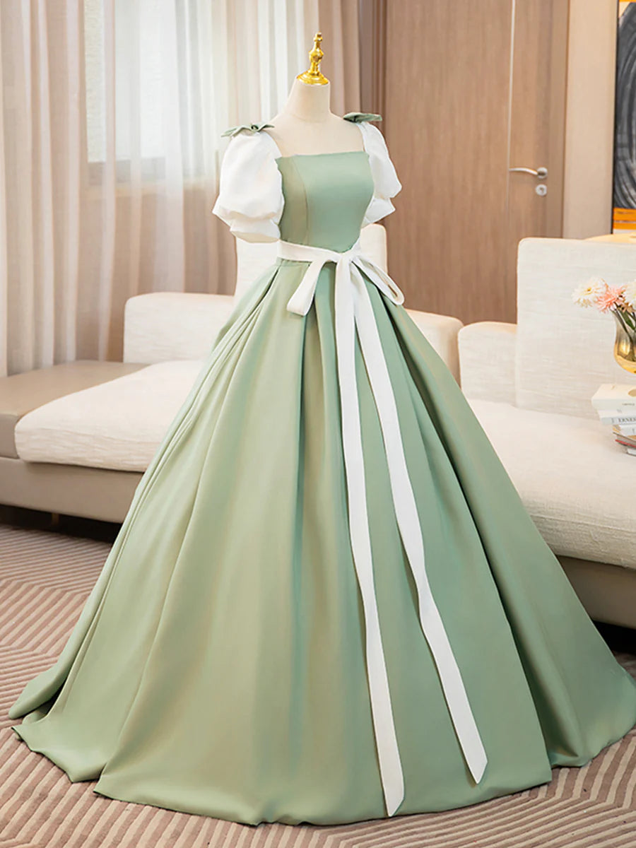 White and Green Satin Long Prom Dress, A-Line Short Sleeve Evening Party Dress TP167
