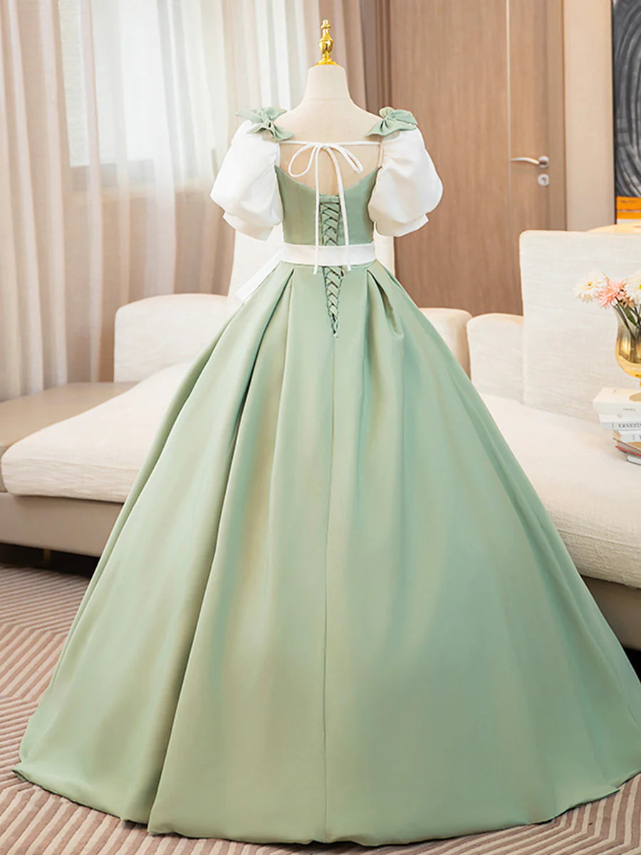 White and Green Satin Long Prom Dress, A-Line Short Sleeve Evening Party Dress TP167
