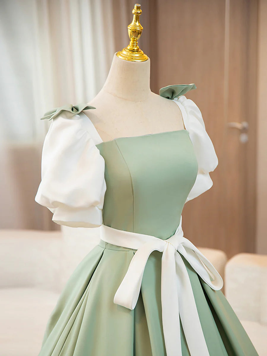 White and Green Satin Long Prom Dress, A-Line Short Sleeve Evening Party Dress TP167