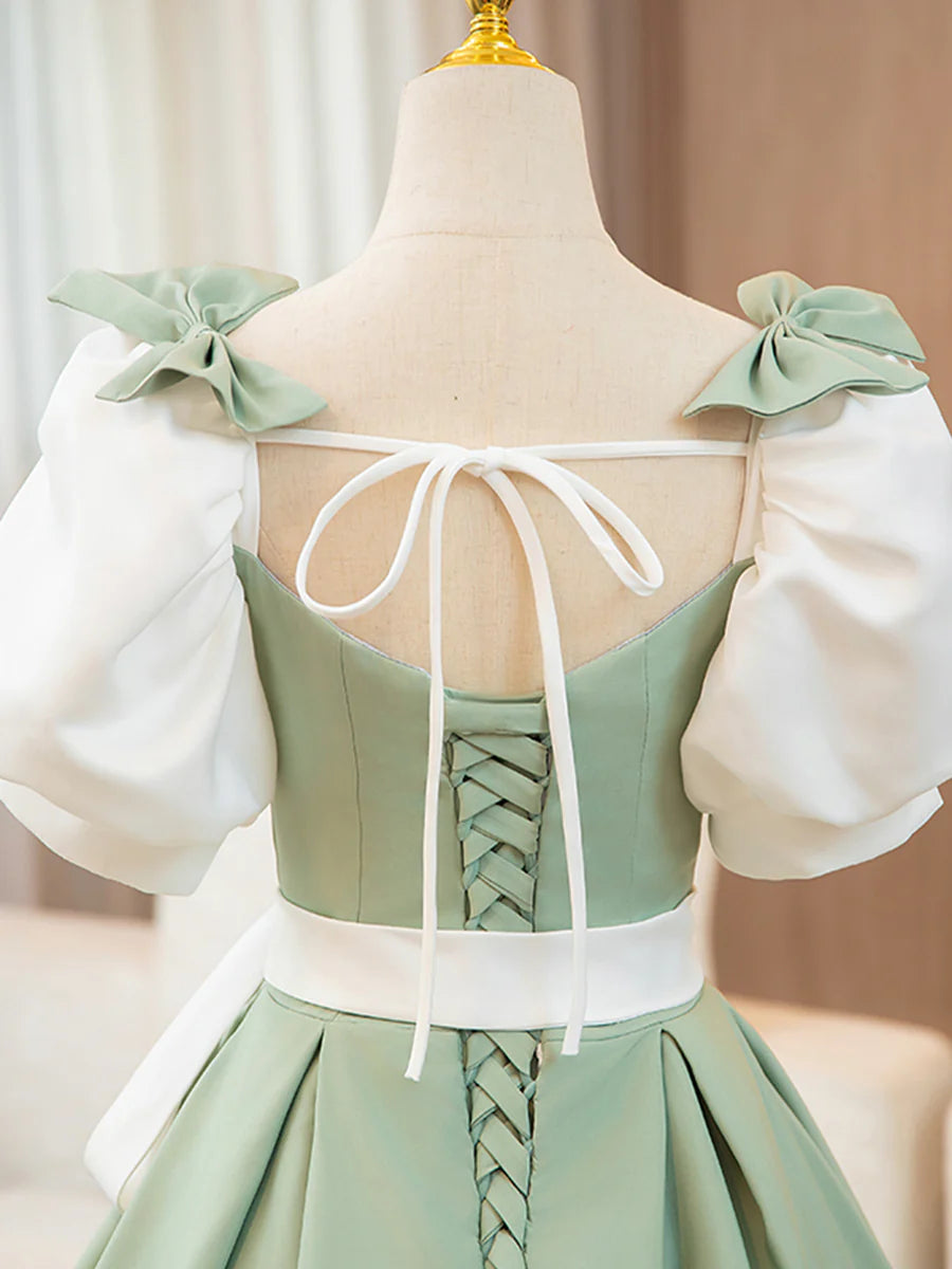 White and Green Satin Long Prom Dress, A-Line Short Sleeve Evening Party Dress TP167