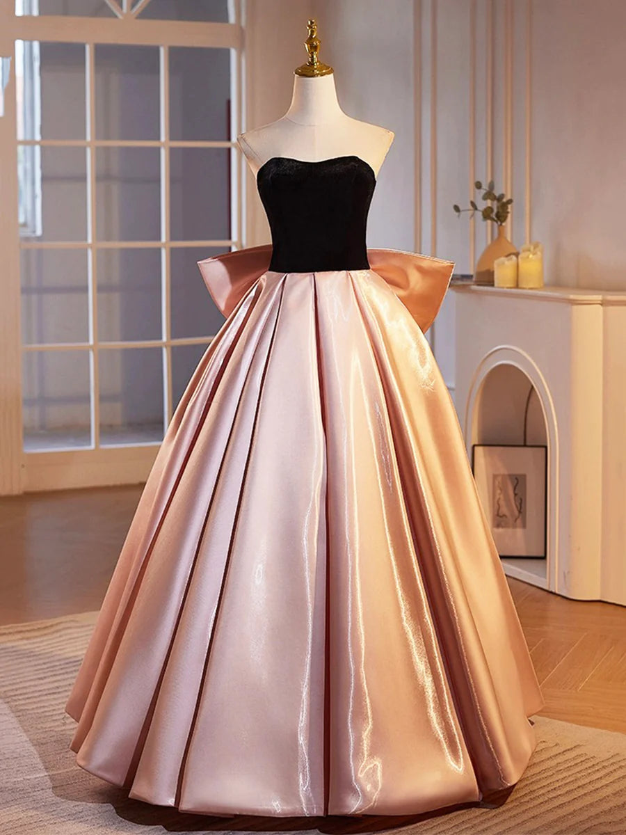 Black Velvet and Pink Satin Floor Length Prom Dress, Beautiful A-Line Strapless Party Dress TP168
