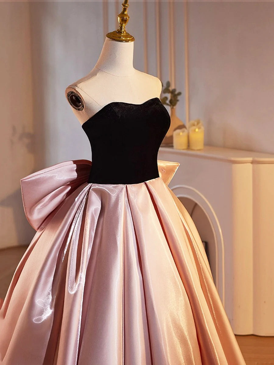 Black Velvet and Pink Satin Floor Length Prom Dress, Beautiful A-Line Strapless Party Dress TP168