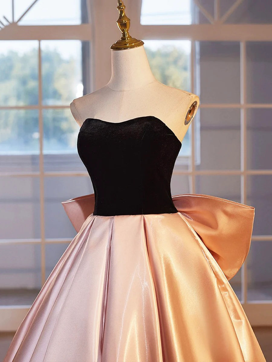 Black Velvet and Pink Satin Floor Length Prom Dress, Beautiful A-Line Strapless Party Dress TP168