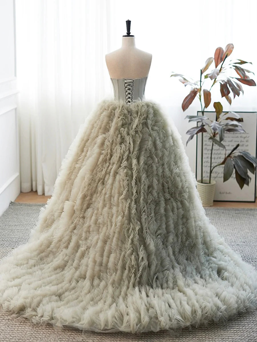 Gray Strapless Tulle Long Prom Dress, Beautiful A-Line Sweetheart Neck Formal Evening Dress TP170
