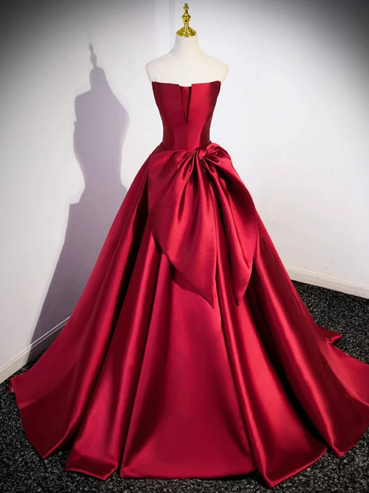 Burgundy Satin Strapless Long Prom Dress, Beautiful A-Line Evening Party Dress TP172