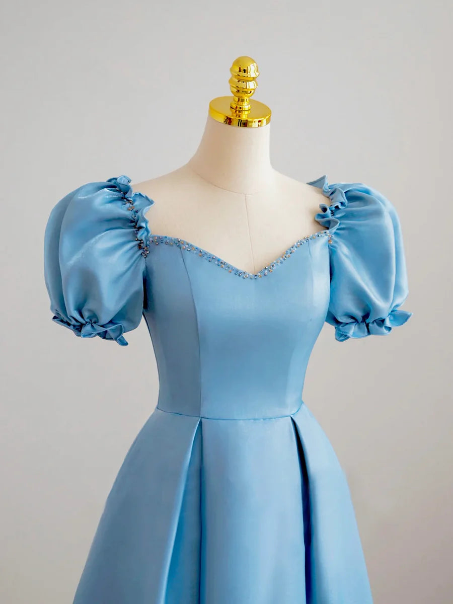 Blue Satin Beaded Floor Length Prom Dress, Blue A-Line Short Sleeve Evening Dress TP175