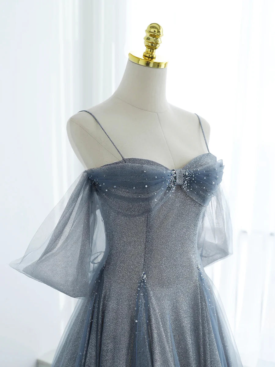 Blue Tulle Long Prom Dress, A-Line Off the Shoulder Blue Evening Party Dress TP176