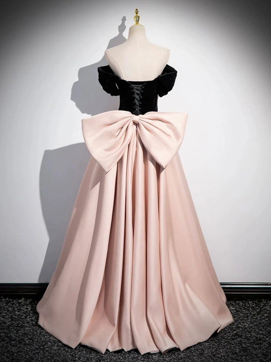 Black Satin and Pink Satin Long Prom Dress, Lovely A-Line Bow Party Evening Dress TP178
