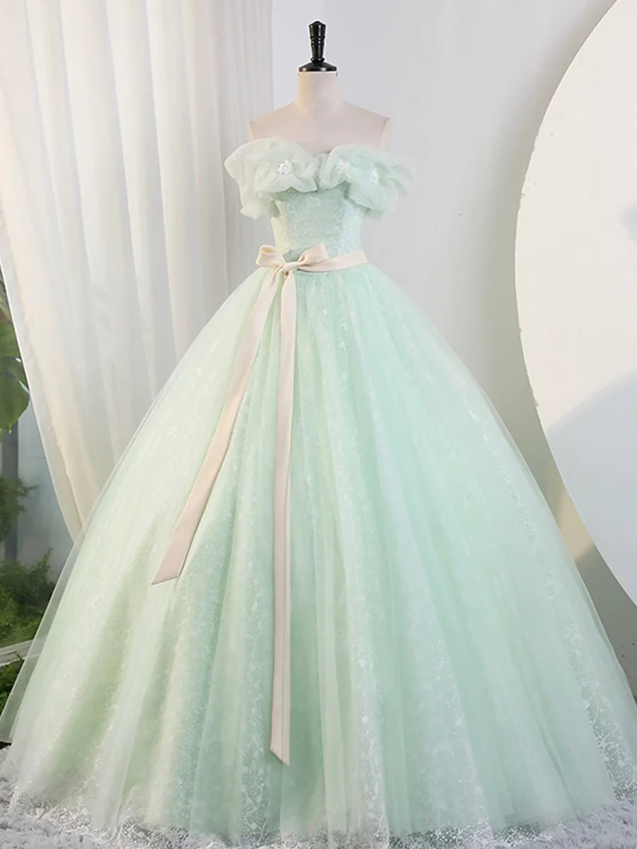 Beautiful Sage Green Tulle Floor Length Prom Dresses, A-Line Off the Shoulder Evening Part Dresses TP182
