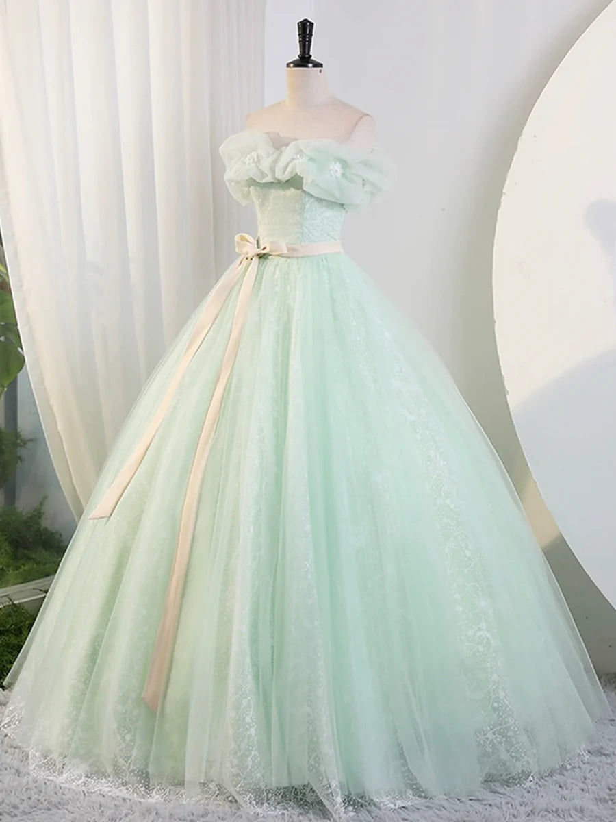 Beautiful Sage Green Tulle Floor Length Prom Dresses, A-Line Off the Shoulder Evening Part Dresses TP182