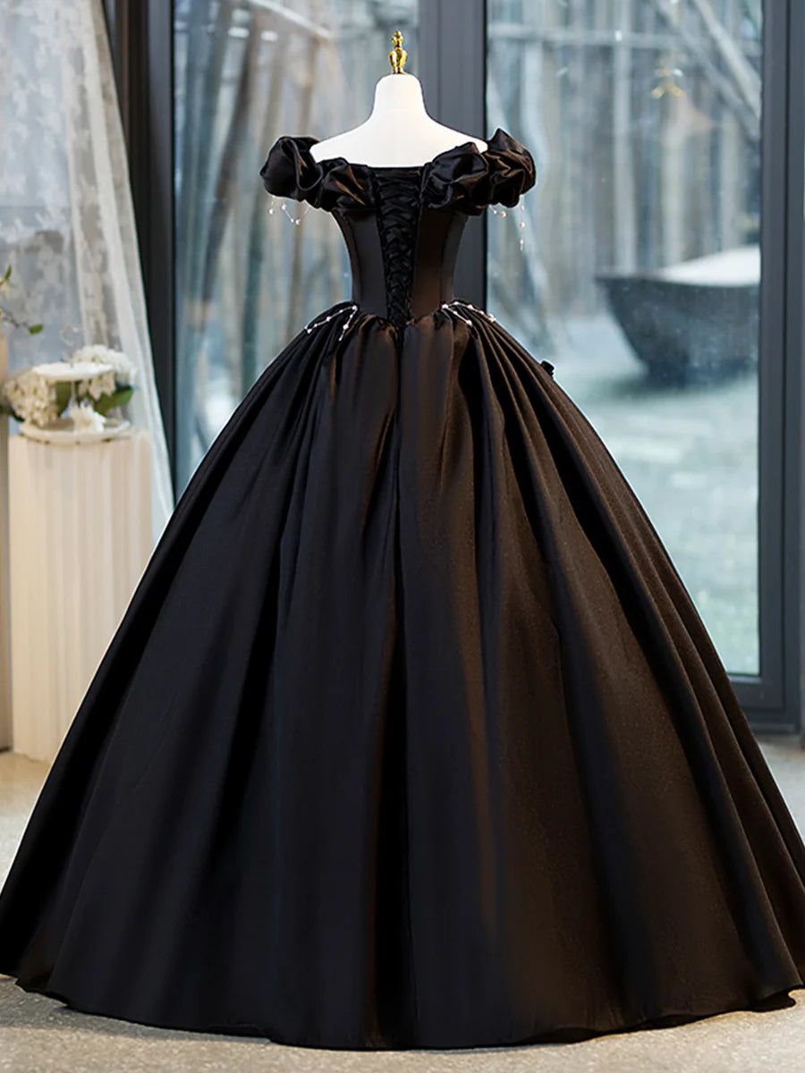 Black A-Line Floor Length Prom Dress with Pearl, Off the Shoulder Evening Party Dress TP187