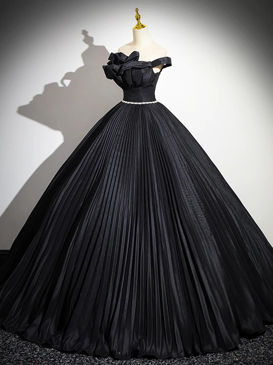 Black Pleated Long A-line Party Gown with Rhinestone Sash, Elegant Off the Shoulder Formal Evening Dress TP188