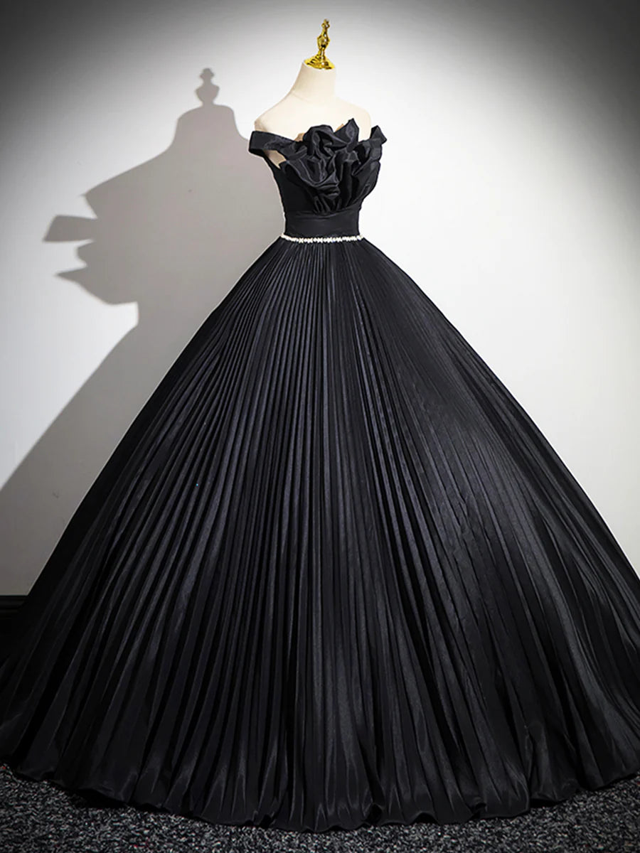 Black Pleated Long A-line Party Gown with Rhinestone Sash, Elegant Off the Shoulder Formal Evening Dress TP188