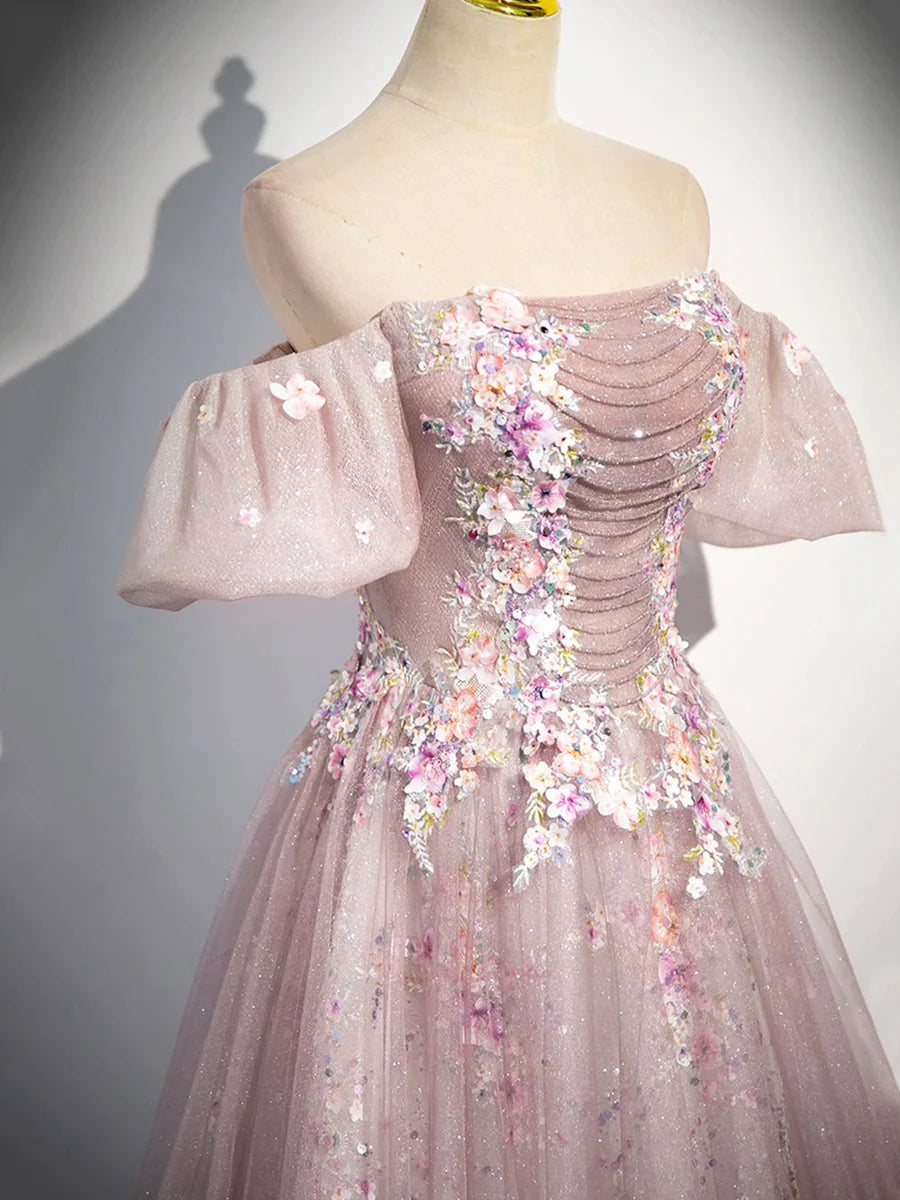 Pink Tulle Lace Long Prom Dress with Beaded, A-Line Off the Shoulder Evening Party Dress TP189
