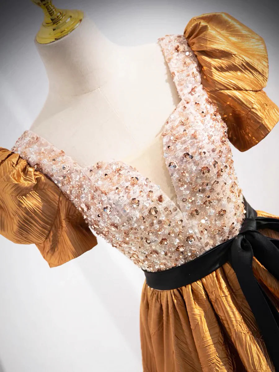 Unique V-Neck Beaded Floor Length Prom Dress, Beautiful A-Line Short Sleeve Party Dress TP190