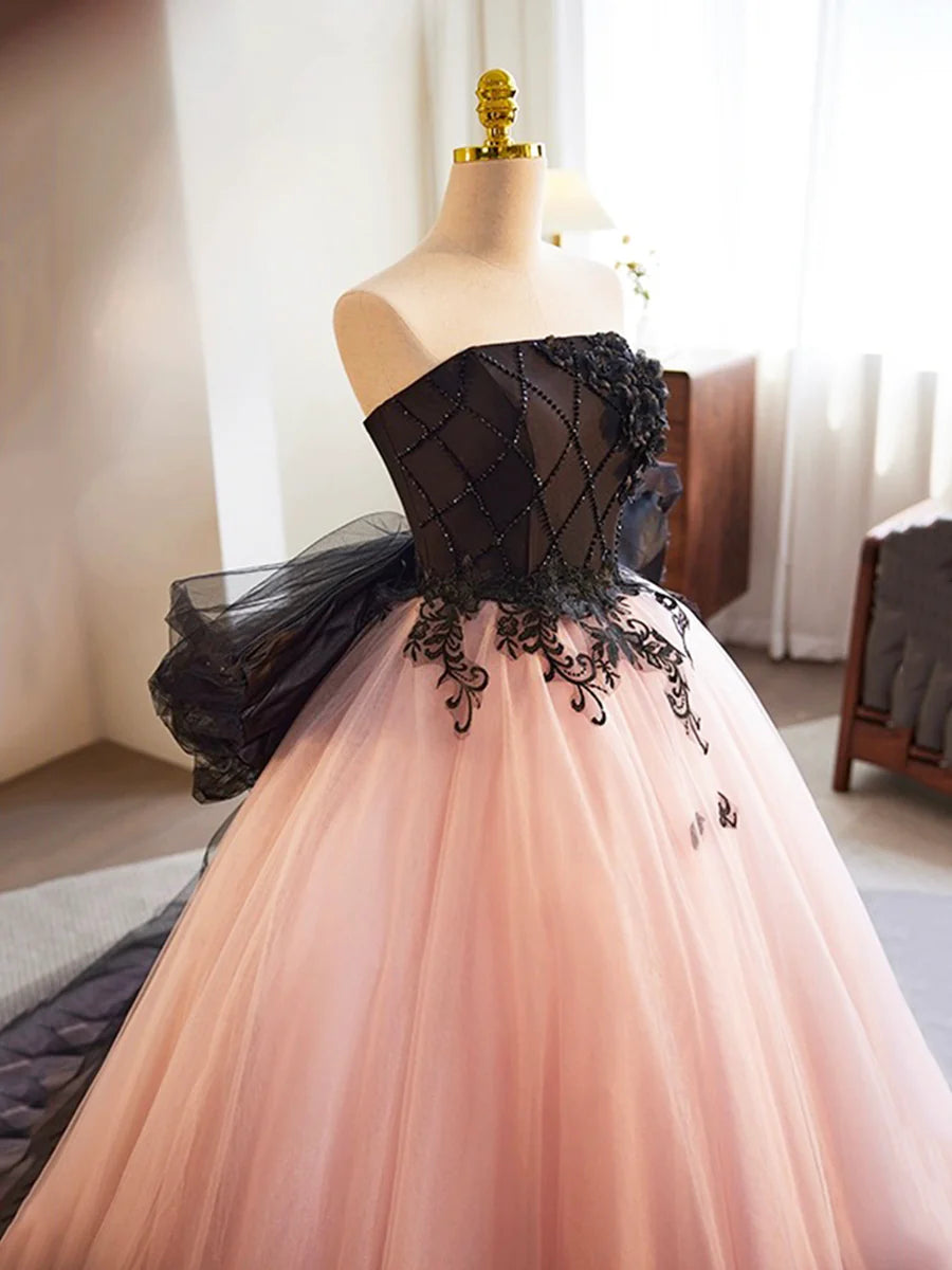 Black and Pink Tulle Lace Long Prom Dress, A-Line Strapless Evening Sweet 16 Dress TP192