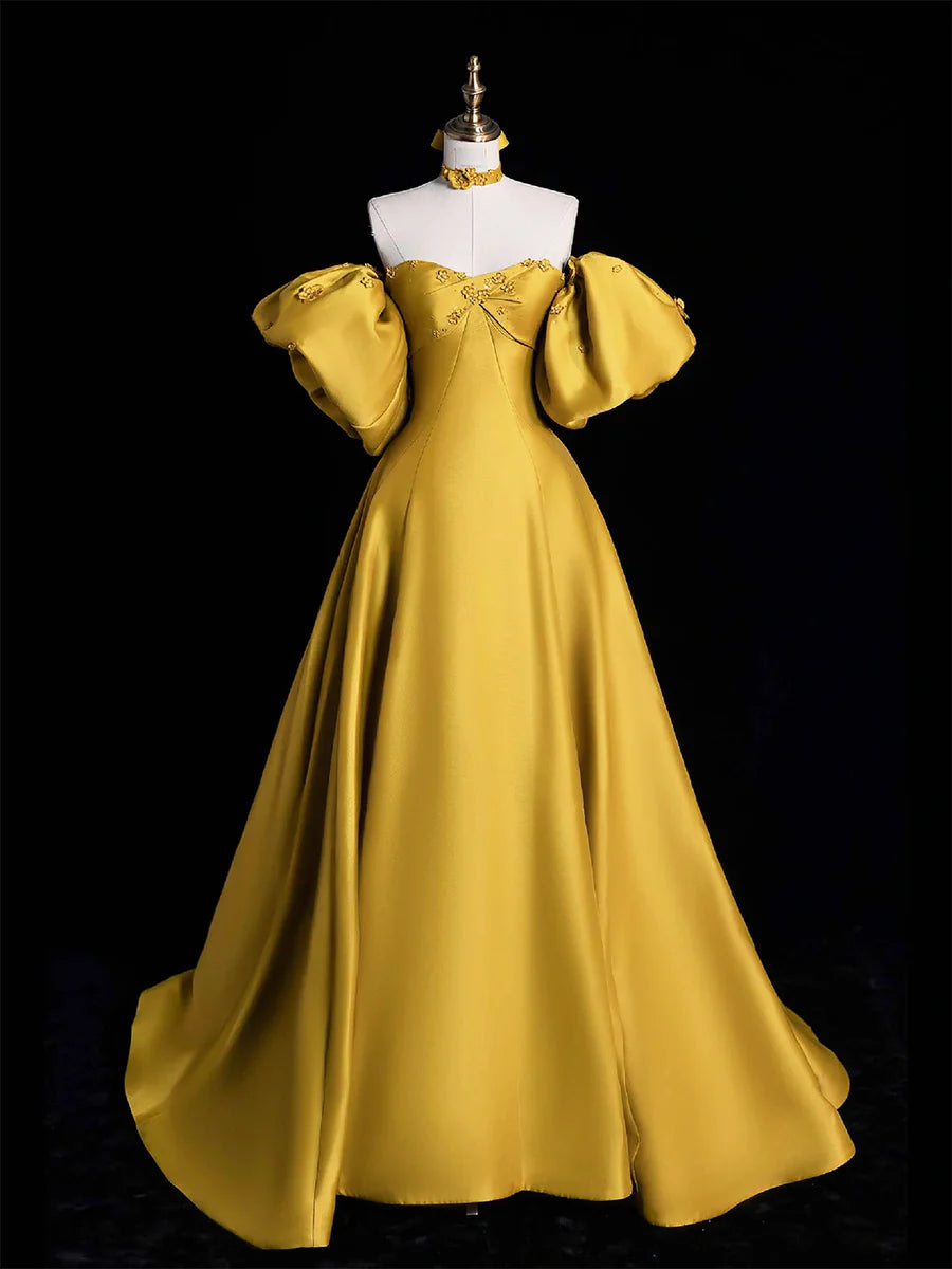Yellow Satin Long Prom Dress, Off the Shoulder A-Line Evening Party Dress TP193