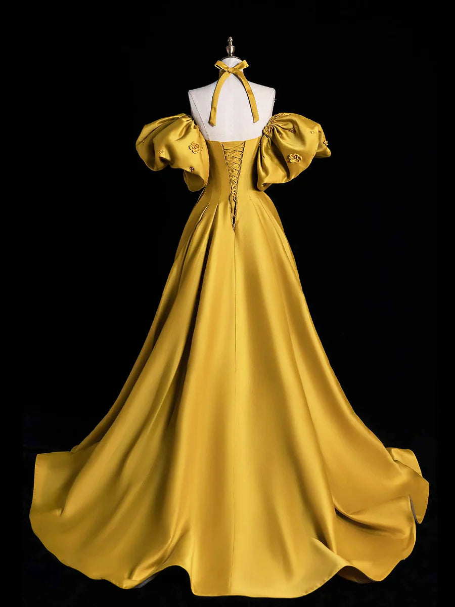 Yellow Satin Long Prom Dress, Off the Shoulder A-Line Evening Party Dress TP193