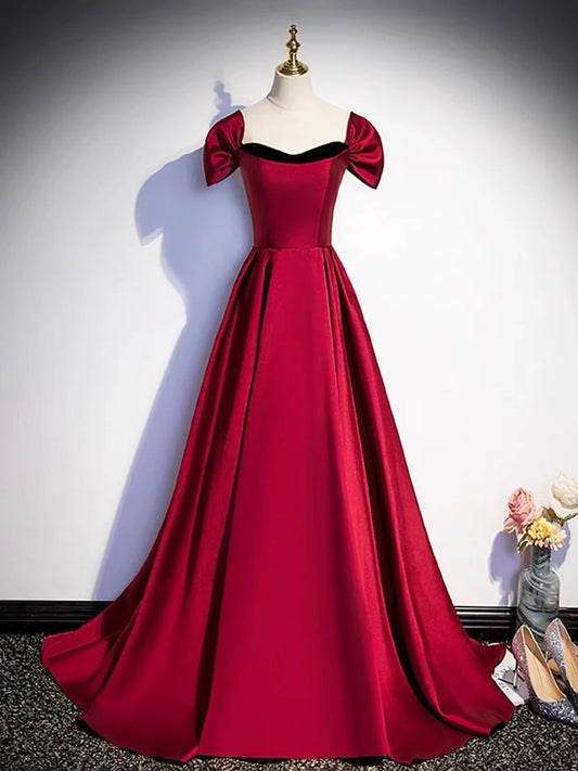 Burgundy Satin Strapless Prom Dress, Simple A-Line Party Dress with Detachable Sleeve TP194