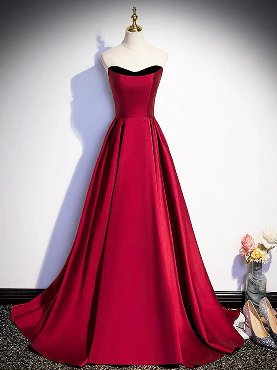 Burgundy Satin Strapless Prom Dress, Simple A-Line Party Dress with Detachable Sleeve TP194