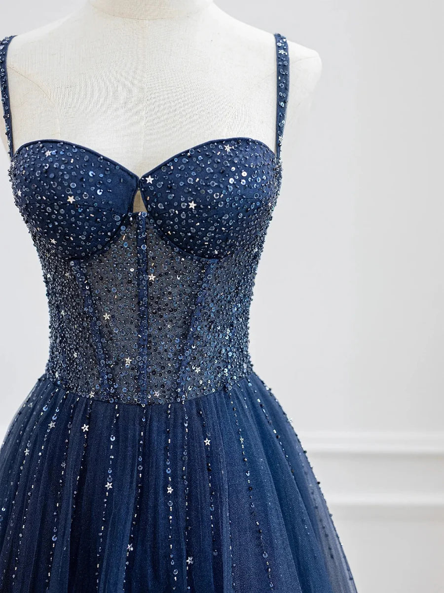Blue Spaghetti Strap Tulle Sequins Long Prom Dress, Beautiful A-Line Evening Party Dress TP195
