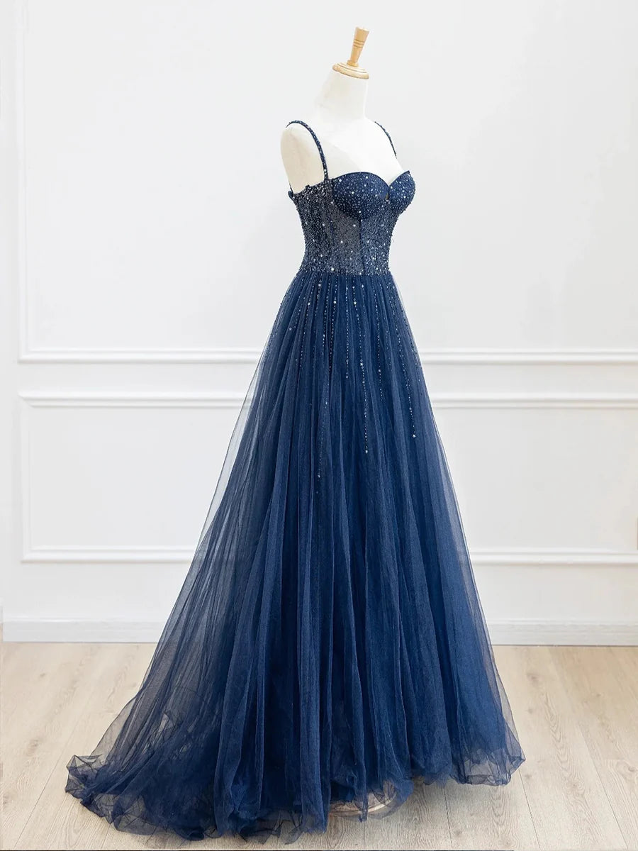 Blue Spaghetti Strap Tulle Sequins Long Prom Dress, Beautiful A-Line Evening Party Dress TP195