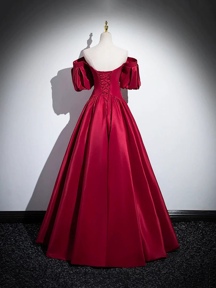 Burgundy Satin Long Prom Dress, Off the Shoulder A-Line Formal Evening Dress TP199