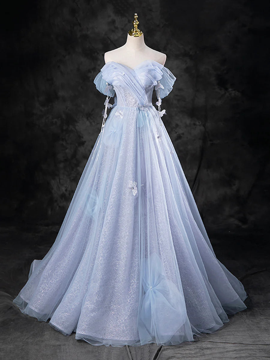 Blue Pearl Tulle Floor Length Prom Dress, A-Line Off the Shoulder Formal Party Dress TP95