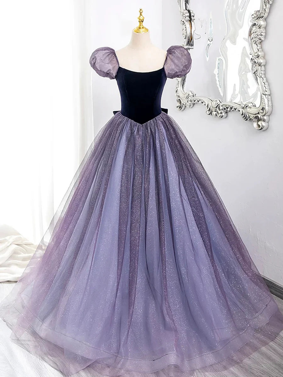 Purple Tulle and Velvet Floor Length Prom Dress, Beautiful A-Line Short Sleeve Party Dress TP98