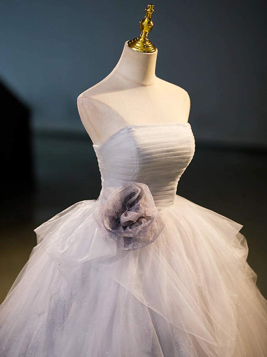 Gray Tulle Floor Length Formal Dress, A-Line Strapless Evening Party Dress TP92