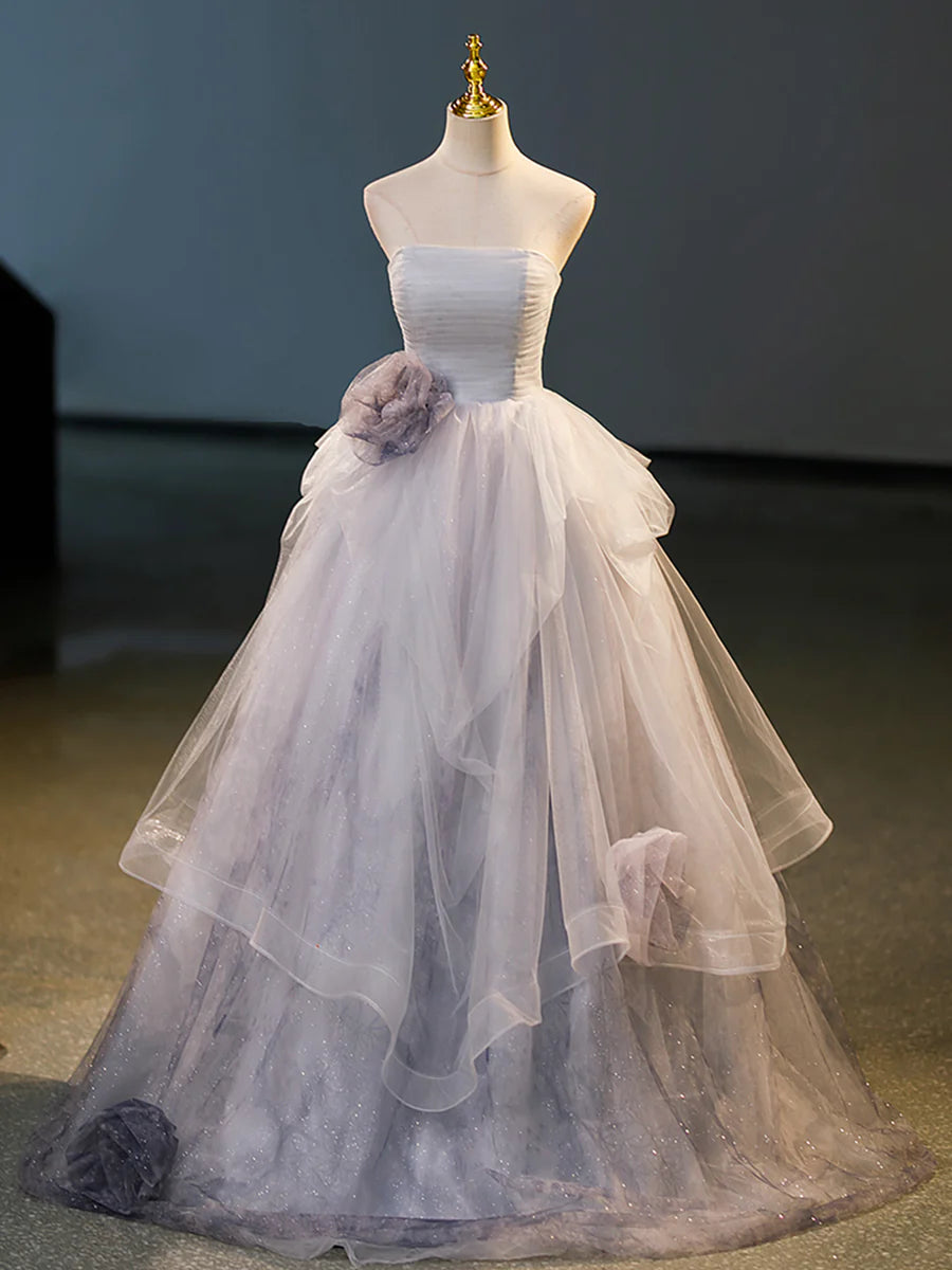 Gray Tulle Floor Length Formal Dress, A-Line Strapless Evening Party Dress TP92