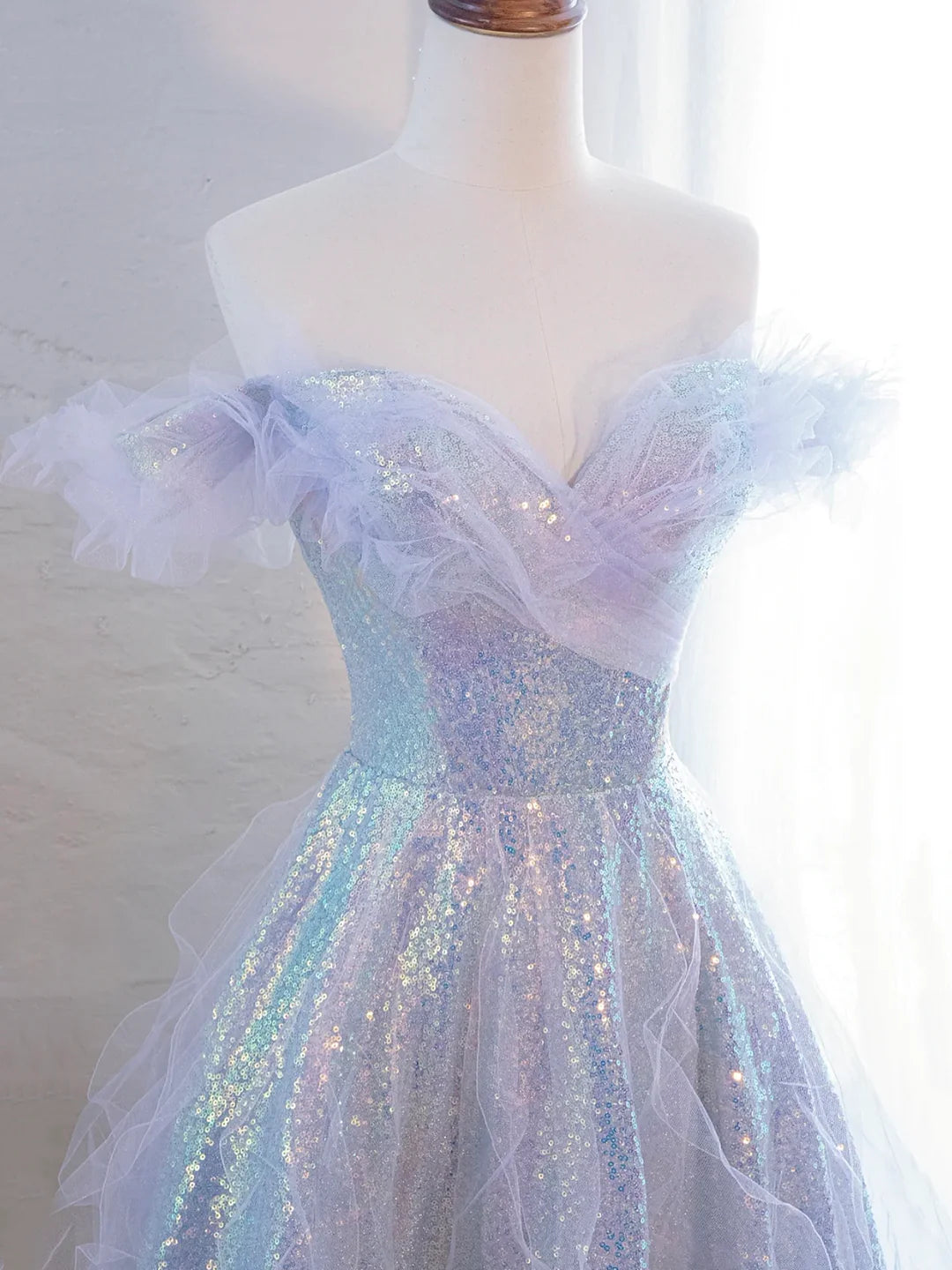 Lovely Purple Tulle Sequins Long Prom Dress, Off the Shoulder Evening Party Dress TP206