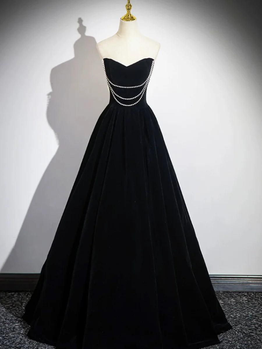 Black Velvet Floor Length Prom Dress, Off the Shoulder A-Line Evening Party Dress TP213