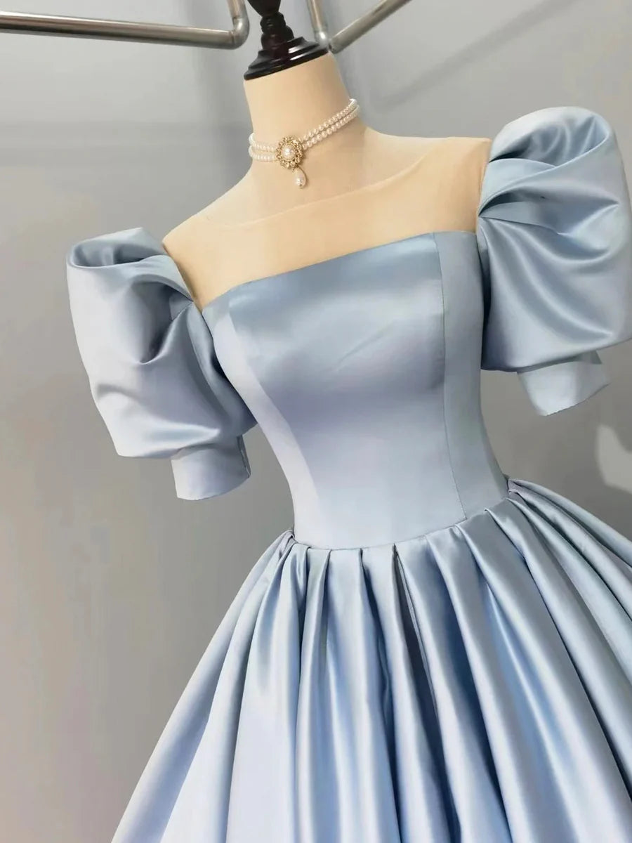 Blue Satin Floor Length Prom Dress, A-Line Short Sleeve Evening Party Dress TP214
