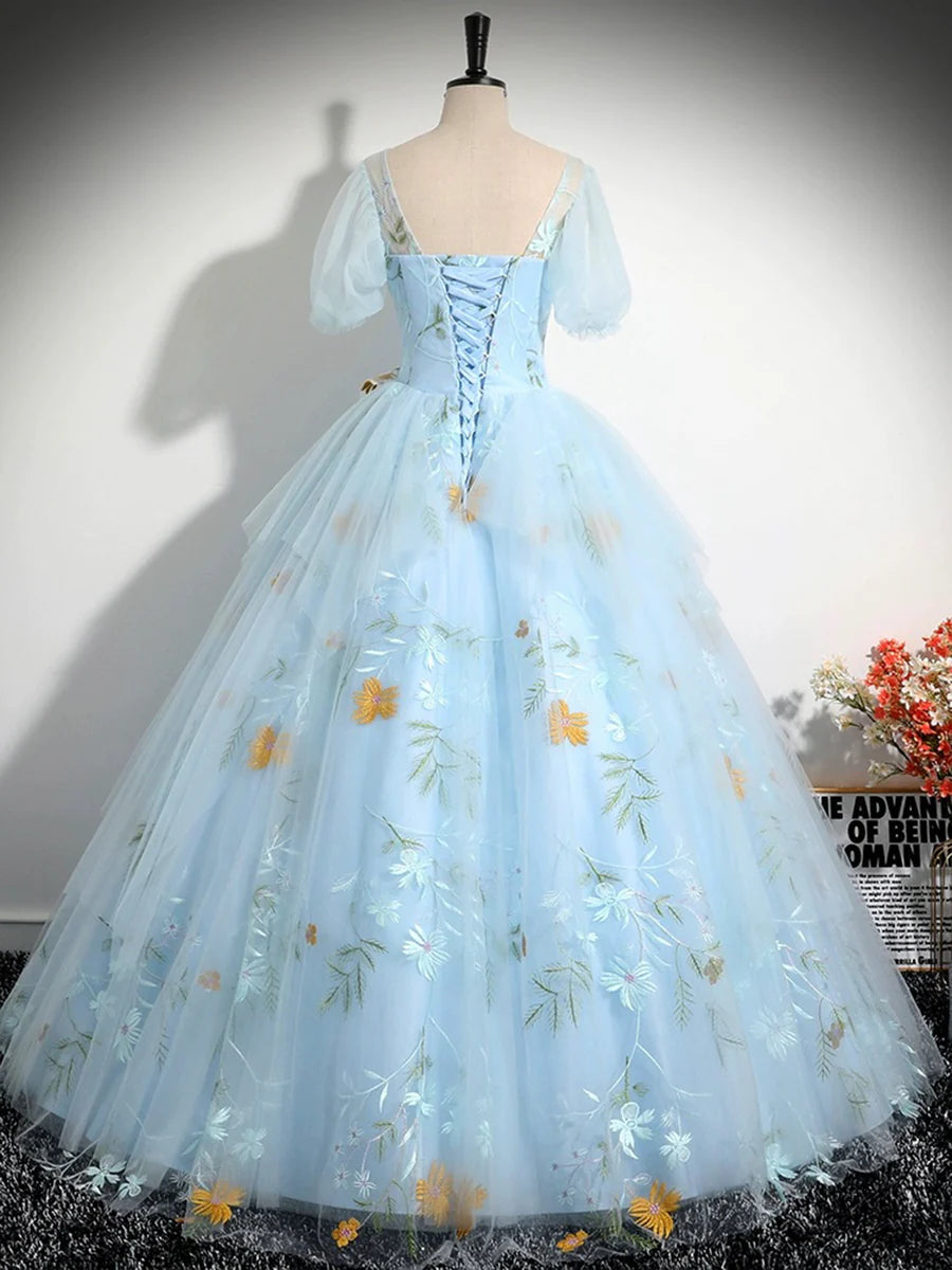 Blue Tulle Floor Length Prom Dress, Beautiful Short Sleeve Evening Party Dress TP216