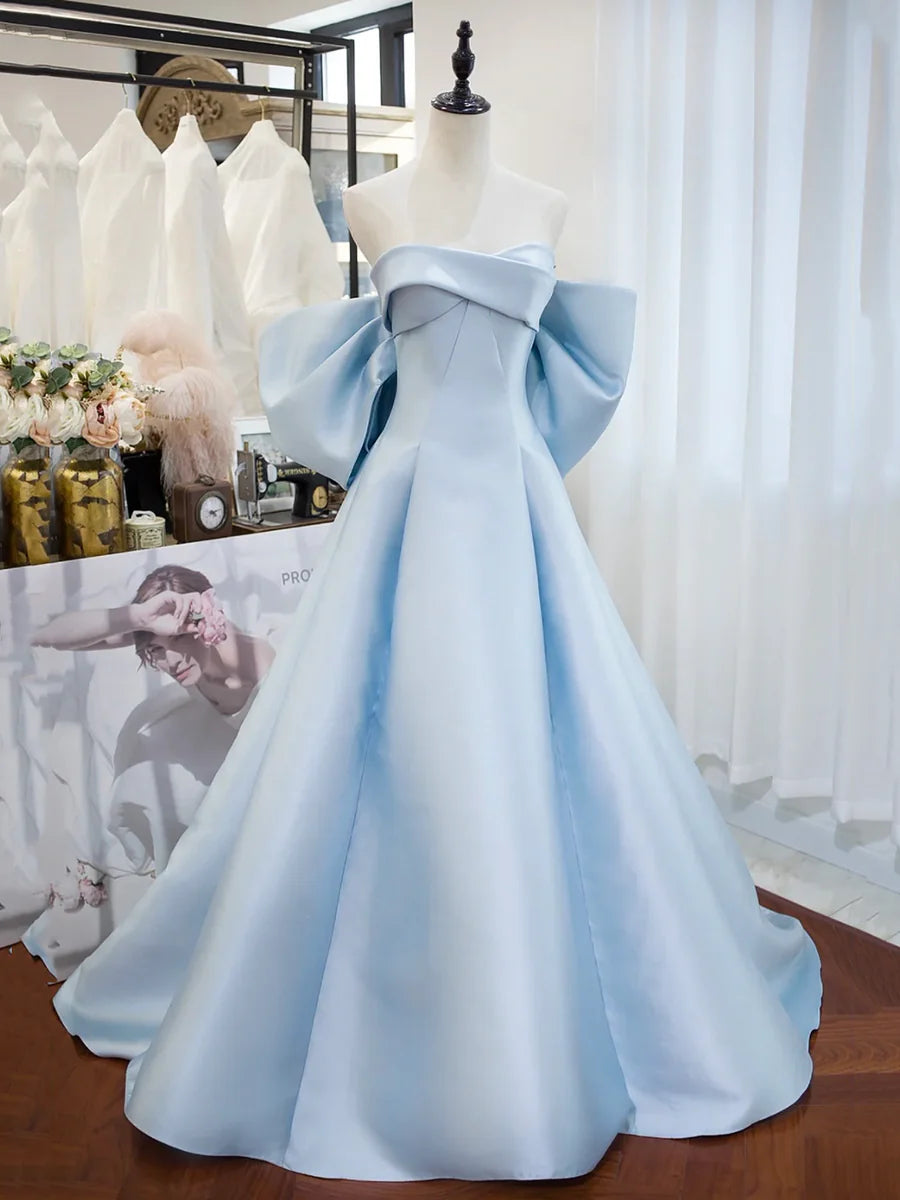 Blue Satin Long Prom Dress, A-Line Off the Shoulder Evening Party Dress TP217
