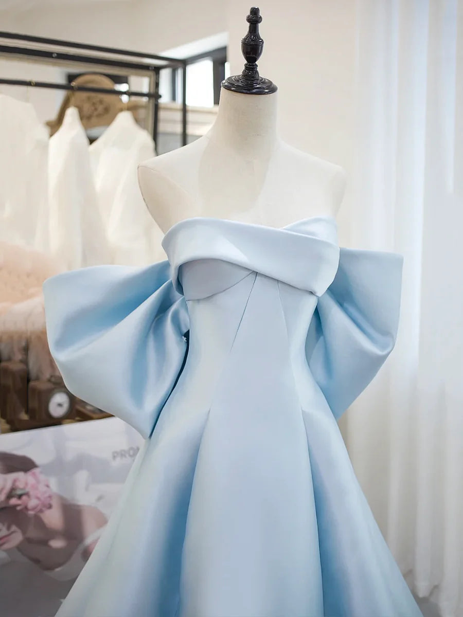 Blue Satin Long Prom Dress, A-Line Off the Shoulder Evening Party Dress TP217