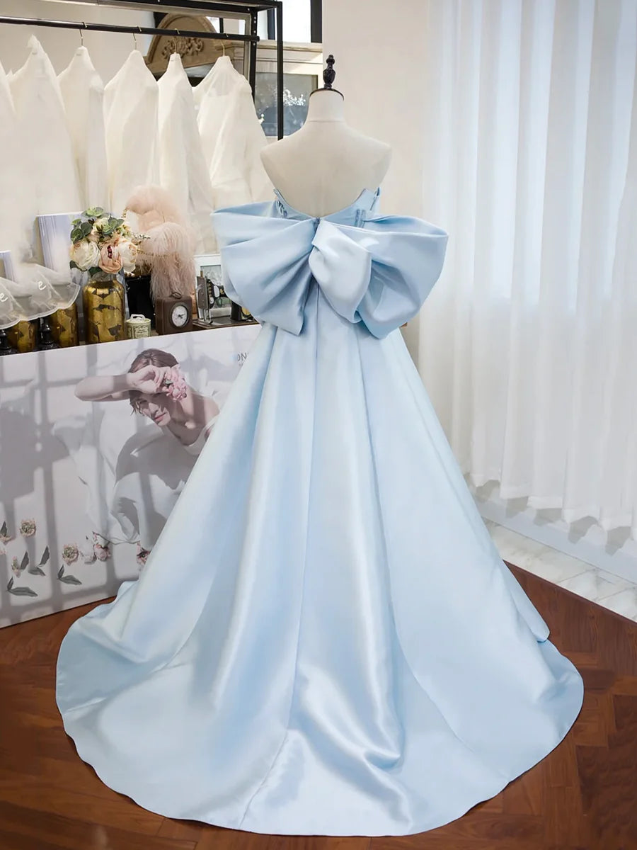 Blue Satin Long Prom Dress, A-Line Off the Shoulder Evening Party Dress TP217