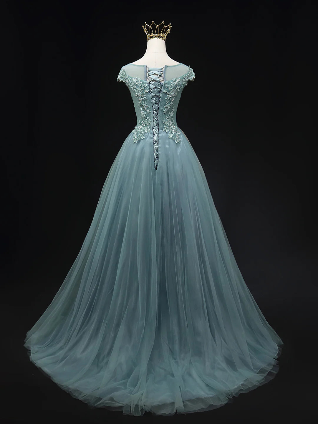 Blue Scoop Neckline Tulle Lace Long Prom Dress, Beautiful Lace Formal Evening Dress TP221