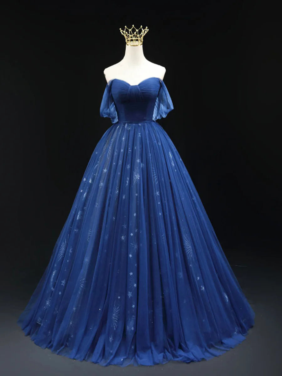 Beautiful Blue Tulle Floor Length Prom Dress, A-Line Off the Shoulder Princess Dress Evening Dress TP228